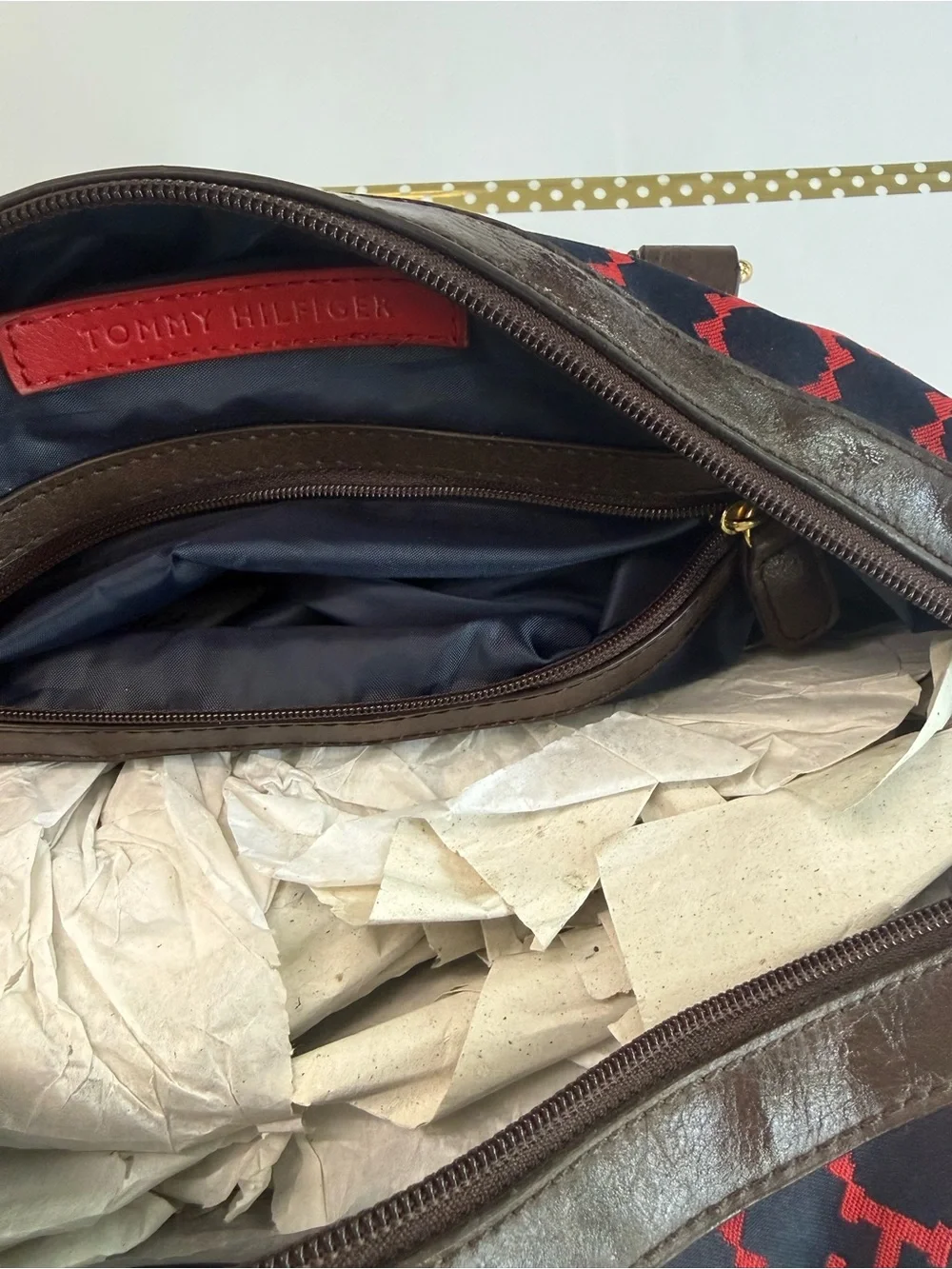 Tommy Hilfiger Nylon Satchel | Red Navy Monogram | Brown Trim